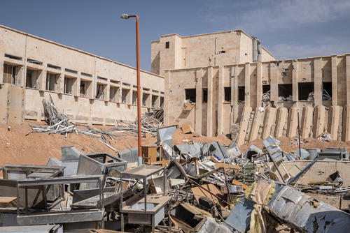 The destroyed remains of Tabqa hospital, about 60 kms west of Raqqa, Syria.