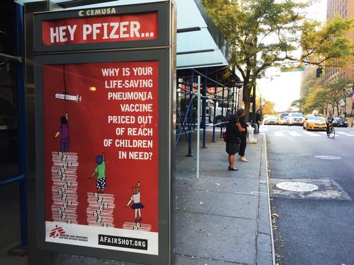 Bus ad outside of Pfizer Bus ad outside of Pfizer