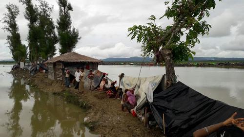 Rohingya refugees set up makeshift shelters, having arrived in Bangladesh. This massive influx, coming on top of 75,000 people who have arrived since violence began in October 2016, represents one of the largest influxes ever of Rohingyas into Bangladesh.