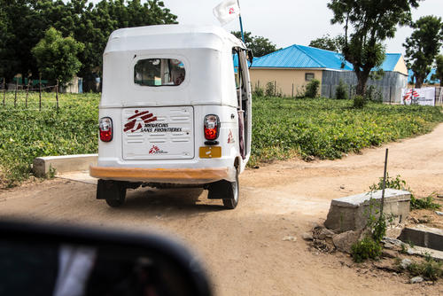 A keke napep carrying patients entering the MSF health centre in the Nigerian town of Gwoza.