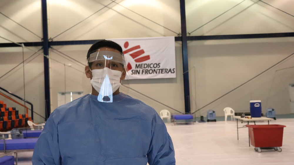 Nurse Arturo Guerrero with PPE in Reynosa’s MSF COVID-19 centre